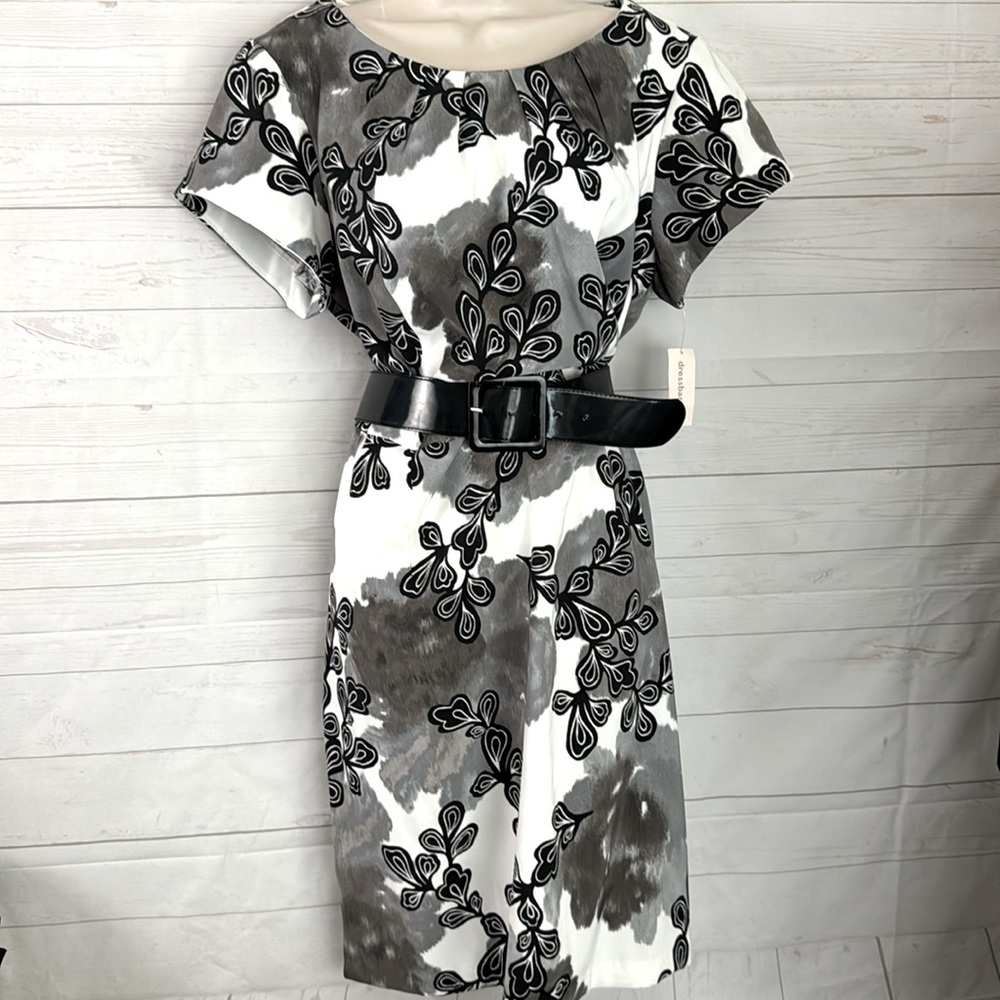Dressbarn Size 14 Women’s Belted White, Black & Gray Midi Dress